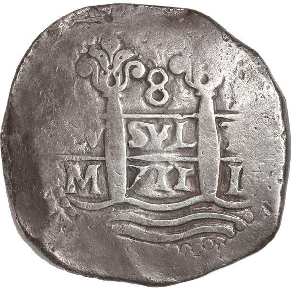 PERU, Lima, cob 8 reales, 1711 M, row of three dots at top, ex-Ugaz.