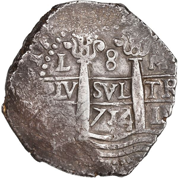PERU, Lima, cob 8 reales, 1714/3 M, row of three dots at top, ex-Ugaz.