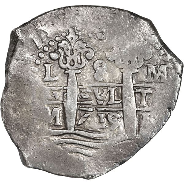 PERU, Lima, cob 8 reales, 1715 M, row of three dots at top, rare, ex-Ugaz.