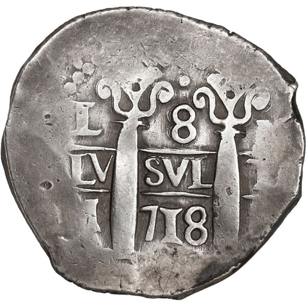 PERU, Lima, cob 8 reales, 1718 M, cross-of-five-dots at top, ex-Ugaz, Goepfert Plate.