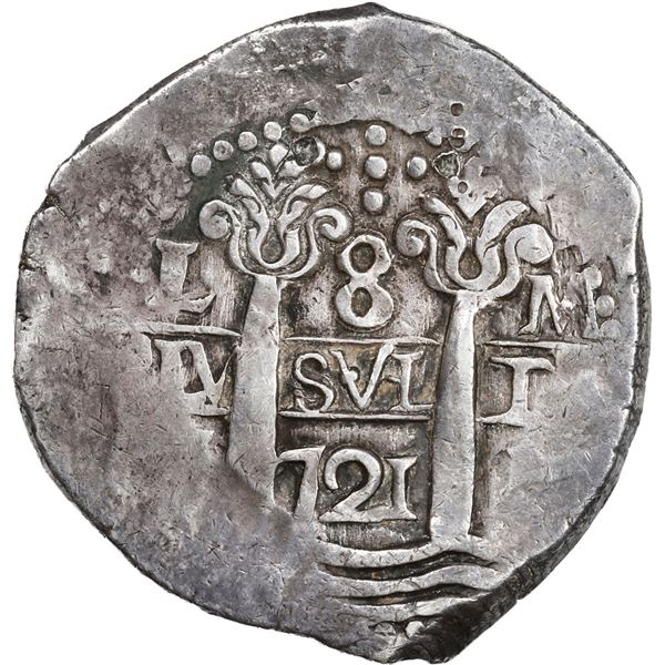 PERU, Lima, cob 8 reales, 1721 M, cross-of-five-dots at top, ex-Ugaz.