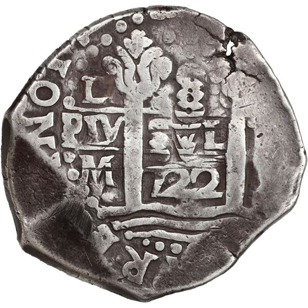 PERU, Lima, cob 8 reales, 1722 M, cross-of-five-dots at top, ex-Ugaz.