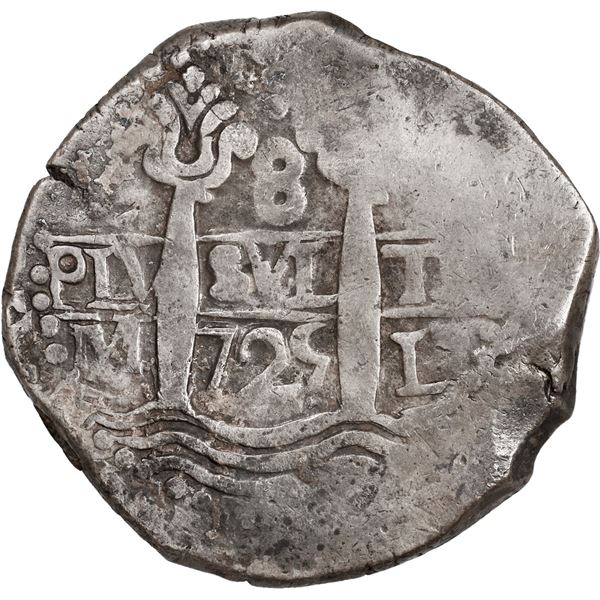 PERU, Lima, cob 8 reales, 1725 M, Louis I, cross-of-five-dots at top, rare, ex-Ugaz, Bustos Plate.