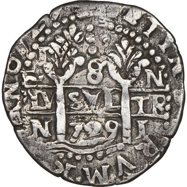 PERU, Lima, cob 8 reales Royal (galano), 1729 N, cross-of-five-dots at top, very rare, NGC VF 25, fi