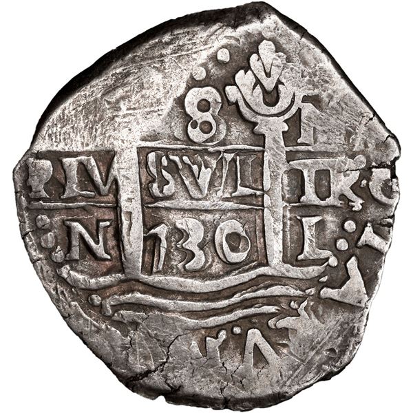 PERU, Lima, cob 8 reales, 1730 N, cross-of-five-dots at top, rare, PCGS XF40, finest and only exampl
