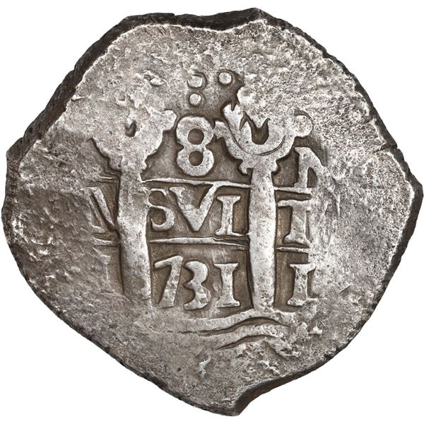 PERU, Lima, cob 8 reales, 1731 N, cross-of-five-dots at top, ex-Ugaz.