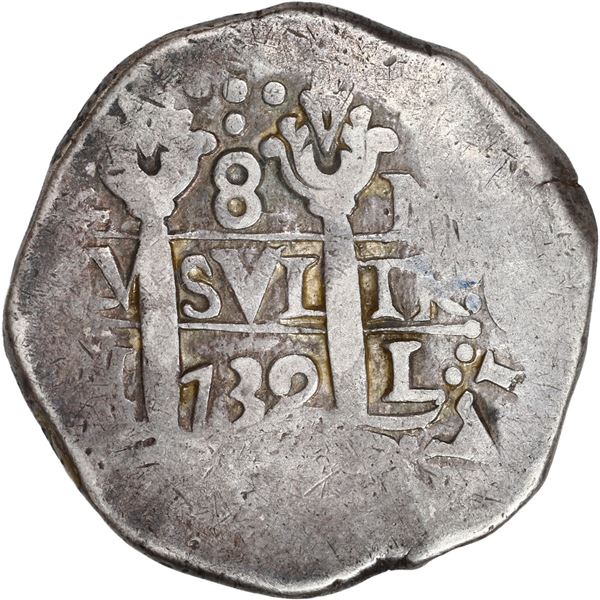 PERU, Lima, cob 8 reales, 1732 N, cross-of-five-dots at top, ex-Ugaz.