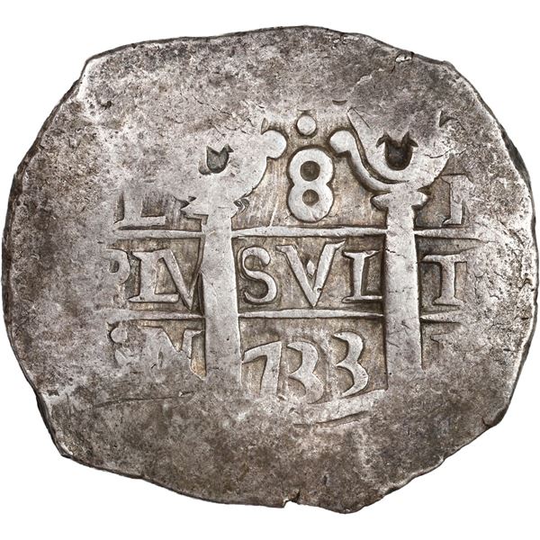 PERU, Lima, cob 8 reales, 1733 N, cross-of-five-dots at top, ex-Ugaz.