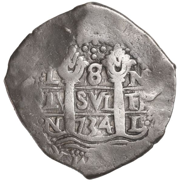 PERU, Lima, cob 8 reales, 1734 N, cross-of-five-dots at top, ex-Ugaz, Calbetó Plate.