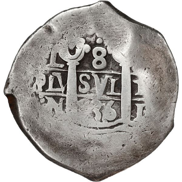 PERU, Lima, cob 8 reales, 1736 N, re-punched 36 in date, cross-of-five-dots at top, ex-Ugaz.