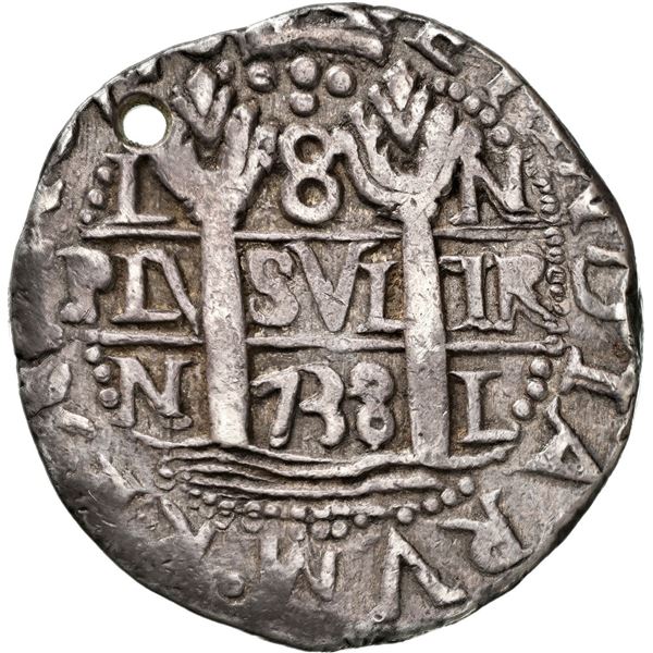 PERU, Lima, cob 8 reales Royal (galano), 1738/7 N, cross-of-five-dots at top, unique, NGC XF details