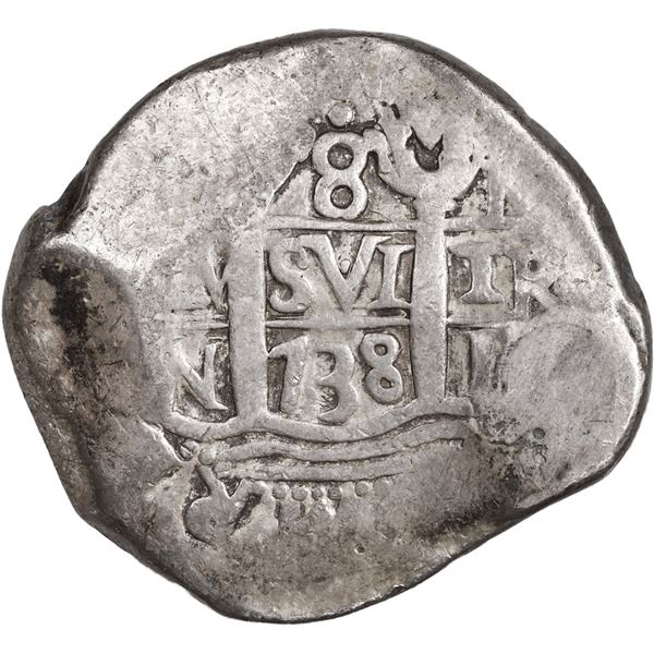 PERU, Lima, cob 8 reales, 1738 N, cross-of-five-dots at top, ex-Ugaz.