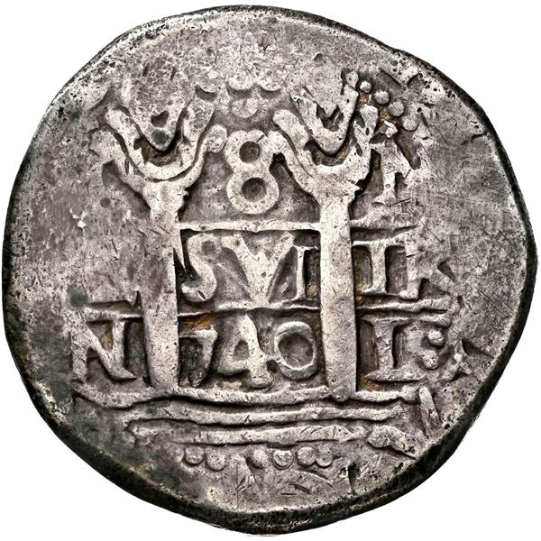 PERU, Lima, cob 8 reales (round flan), 1740, assayer N on pillars side and assayer V on cross side, 