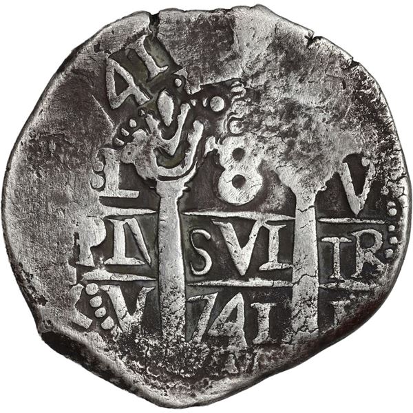PERU, Lima, cob 8 reales, 1741 V, cross-of-five-dots at top, ex-Ugaz.