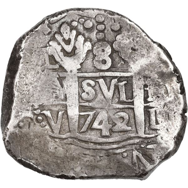 PERU, Lima, cob 8 reales, 1742 V, cross-of-five-dots at top, ex-Ugaz.