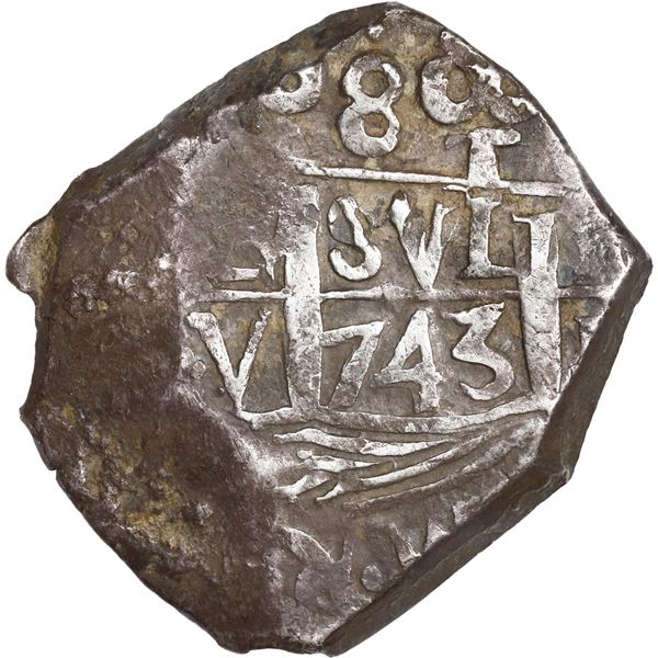 PERU, Lima, cob 8 reales, 1743 V, cross-of-five-dots at top, ex-Ugaz.