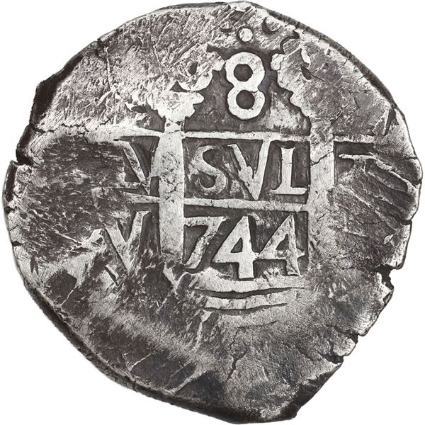 PERU, Lima, cob 8 reales, 1744 V, cross-of-five-dots at top, ex-Ugaz, ex-Rosenheim.