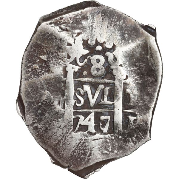 PERU, Lima, cob 8 reales, 1747/6 V, cross-of-five-dots at top, unique(?), ex-Ugaz.