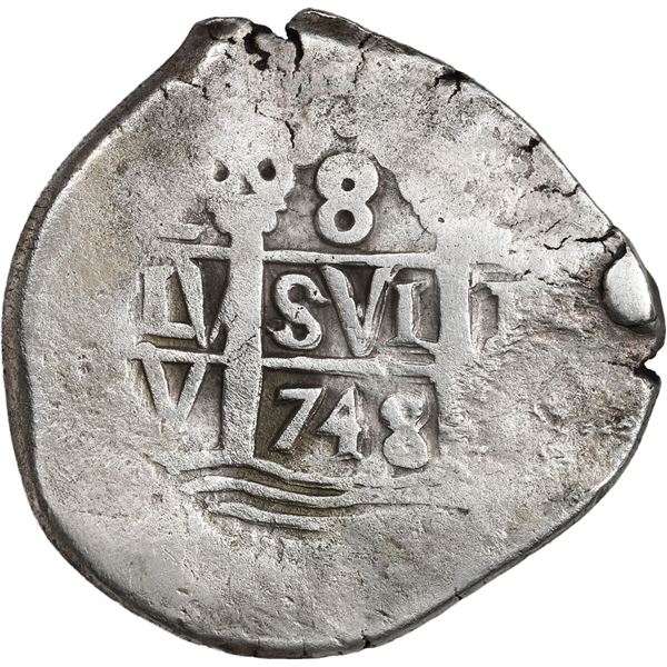 PERU, Lima, cob 8 reales, 1748 V, ex-Ugaz, Practical Book of Cobs Plate.