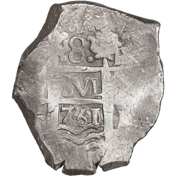 PERU, Lima, cob 8 reales, 1751 R, re-punched final 1 in date, ex-Ugaz.