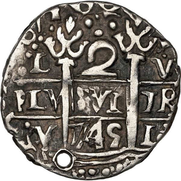PERU, Lima, cob 2 reales Royal (galano), 1745 V, unique(?), NGC XF details / holed, finest and only 