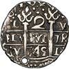 Image 1 : PERU, Lima, cob 2 reales Royal (galano), 1745 V, unique(?), NGC XF details / holed, finest and only 