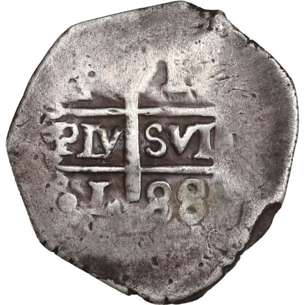 PERU, Lima, cob 1 real, 1688 R, mintmark and assayer transposed on pillars side, very rare, ex-Ugaz.