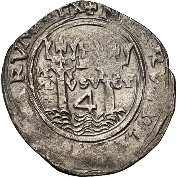 PERU, Lima, 4 reales, Philip II, assayer small R (Rincón) to left, motto PL-VSV-LT, legends HISPA / 