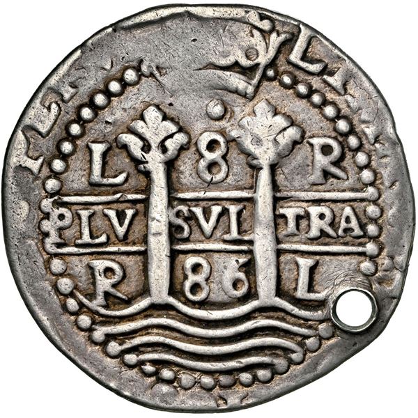 PERU, Lima, cob 8 reales Royal (galano), 1686 R, single dot at top, rare, NGC VF details / holed, ex