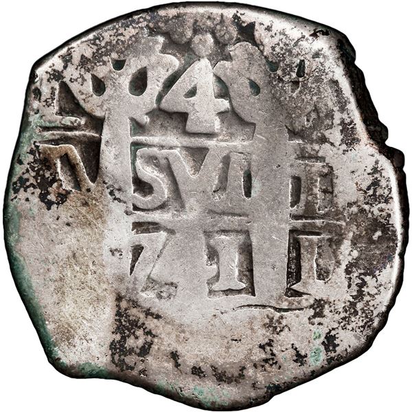PERU, Lima, cob 4 reales, 1741 V, PCGS F12, finest and only example in PCGS census, ex-Pat Johnson.