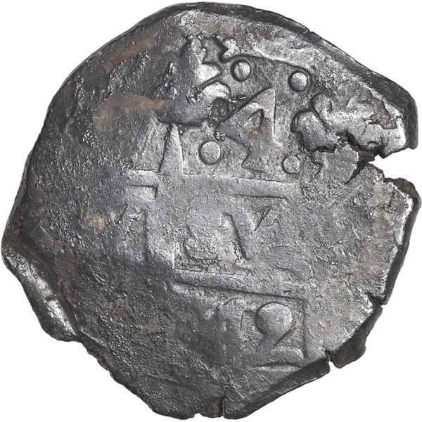 PERU, Lima, cob 4 reales, 1749 (R), cross side struck from 8R die, dots flanking denomination, very 