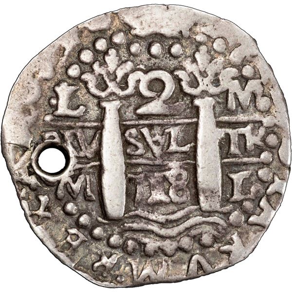 PERU, Lima, cob 2 reales Royal (galano), 1718 M, PCGS VF details / holed, ex-August.