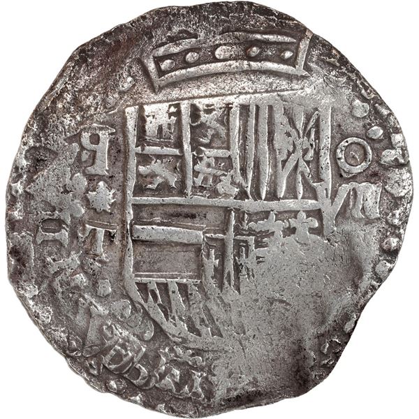 BOLIVIA, Potosí, cob 8 reales, 1620 T, quadrants of cross transposed, mintmark retrograde P.
