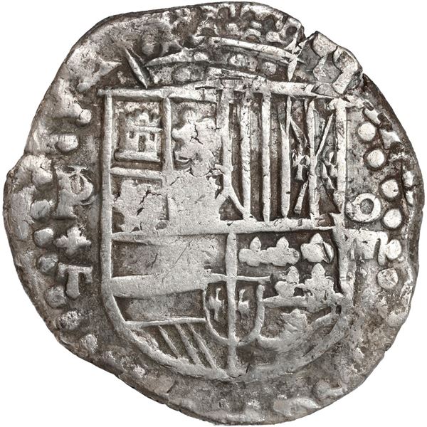 BOLIVIA, Potosí, cob 8 reales, Philip IV, assayer T (early 1620s), quadrants of cross transposed, "f