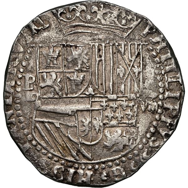 BOLIVIA, Potosí, cob 8 reales, Philip II, assayer B (3rd period), transitional (comma-like) dots in 