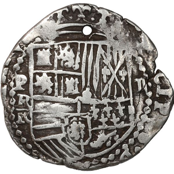 BOLIVIA, Potosí, cob 2 reales, Philip II, assayer R (Ramos), rotated lions (unique?).