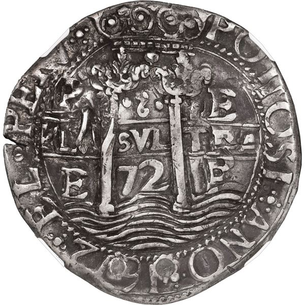 BOLIVIA, Potosí, cob 8 reales Royal (galano), 1672 E, with Guatemala sun-over-mountains countermark 