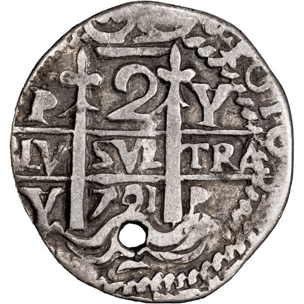 BOLIVIA, Potosí, cob 2 reales Royal (galano), 1721 Y, very rare, PCGS VF details / holed, finest and
