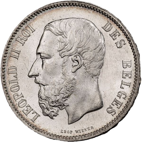 BELGIUM, 5 francs, Leopold II, 1875, PCGS MS 65+.