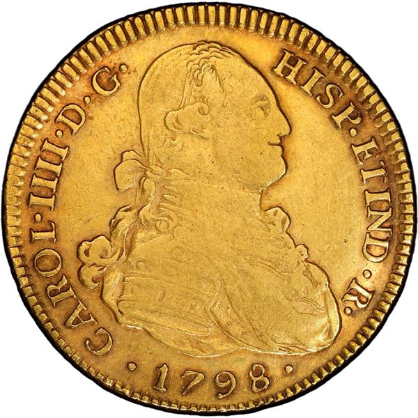 BOLIVIA, Potosí, gold bust 4 escudos, Charles IV, 1798 PP, very rare, PCGS XF40, finest known in PCG