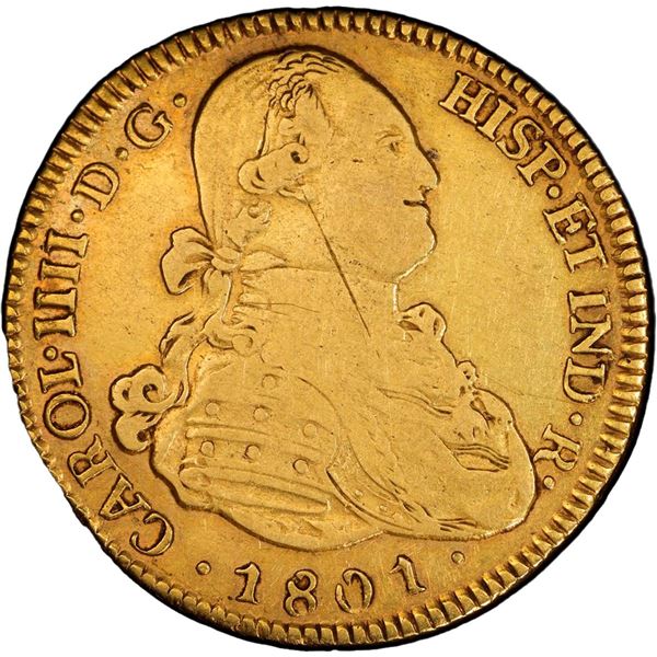 BOLIVIA, Potosí, gold bust 4 escudos, Charles IV, 1801 PP, very rare, PCGS VF30, finest and only exa