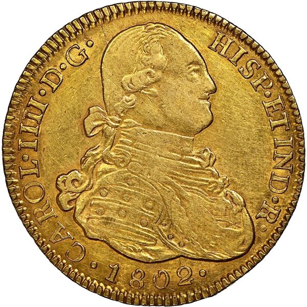 BOLIVIA, Potosí, gold bust 4 escudos, Charles IV, 1802 PP, very rare, NGC AU details / cleaned, ex-P