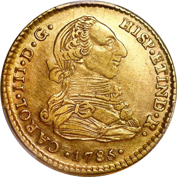 BOLIVIA, Potosí, gold bust 2 escudos, Charles III, 1785 PR, very rare, PCGS AU53, finest and only ex