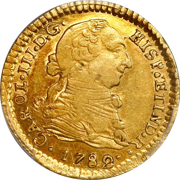 BOLIVIA, Potosí, gold bust 1 escudo, Charles III, 1782 PR, very rare, PCGS AU50.