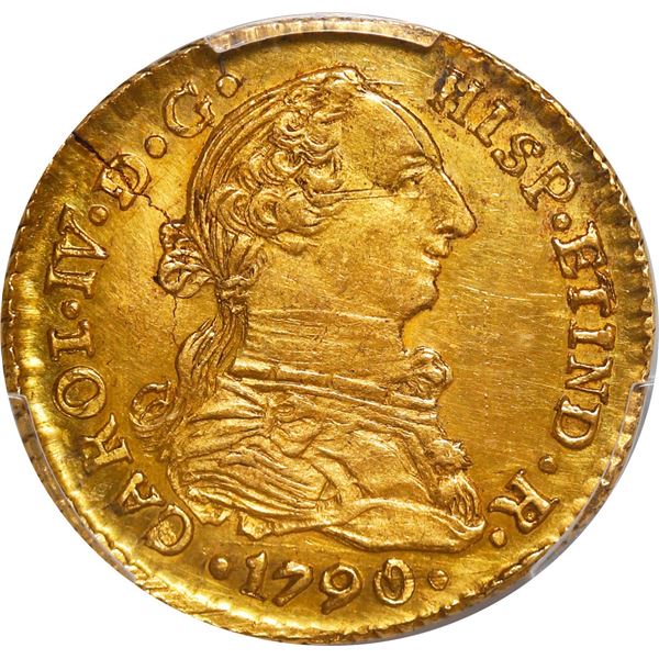 BOLIVIA, Potosí, gold bust 1 escudo, Charles IV transitional (bust of Charles III, ordinal IV), 1790
