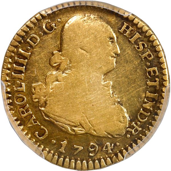 BOLIVIA, Potosí, gold bust 1 escudo, Charles IV, 1794 PR, very rare, PCGS VF25, finest and only exam