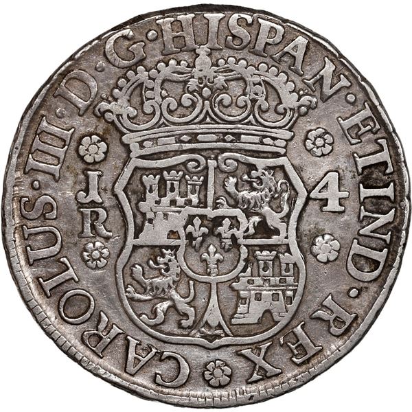 BOLIVIA, Potosí, pillar 4 reales, Charles III, 1770 JR (large), • after CAROLUS, three dots