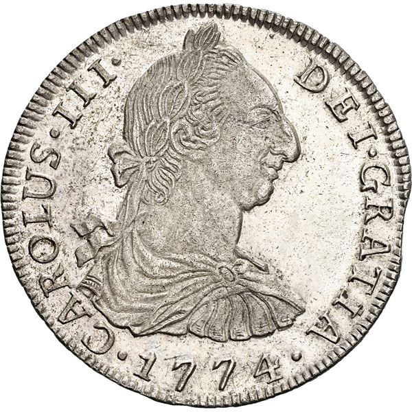 BOLIVIA, Potosí, bust 8 reales, Charles III, 1774 JR, NGC UNC details / rev damage.