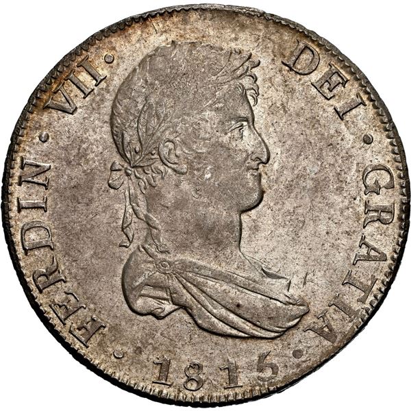 BOLIVIA, Potosí, bust 8 reales, Ferdinand VII, 1815 PJ, NGC MS 62, finest known in NGC census.