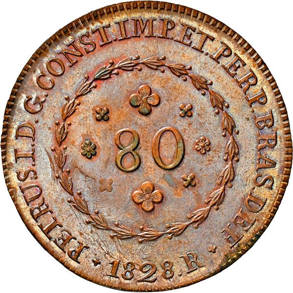BRAZIL, Rio, copper 80 reis, Pedro I, 1828-R, NGC MS 65 BN, "top pop."